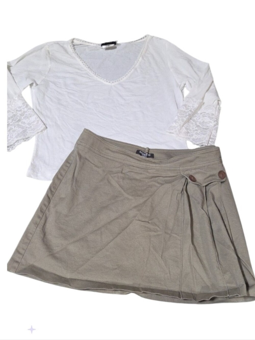 Vtg Bisou Bisou Beige Pleated Wrap-Style Mini Skirt 8 And Vtg Top Jrs Lg Vtg